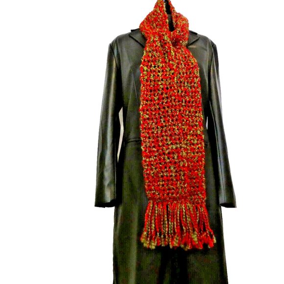 Multicolor Red Green Scarf 78x5 inch Long Handmade Crochet knit Warm Winter Wrap - Picture 5 of 6